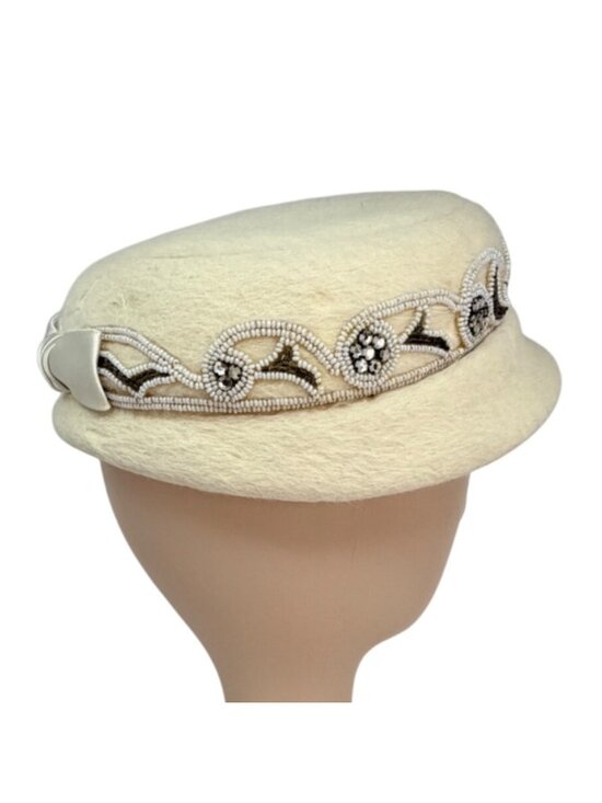 Jan Leslie Beaded Wool Hat Off White Designer‎ Cap 1990s main image 9